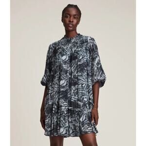 EUC AllSaints Arila Grizedale Abstract Tiger Print Mini Dress Gray Smocked Sz 00